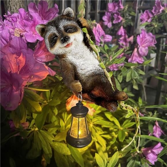 1 Pack Solar Light Statues, 6.5"H Resin Raccoon Climbing On A 23.6"L Vine - Picture 4 of 8